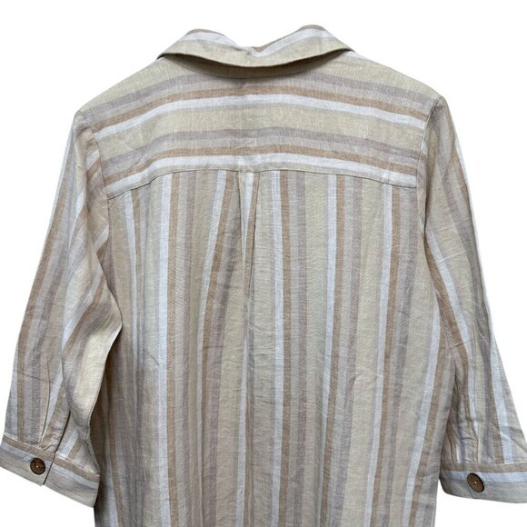 DENIM & Co. Womens Long Shirt Medium Linen Blend Swim Coverup Beige Stripe - Picture 3 of 9
